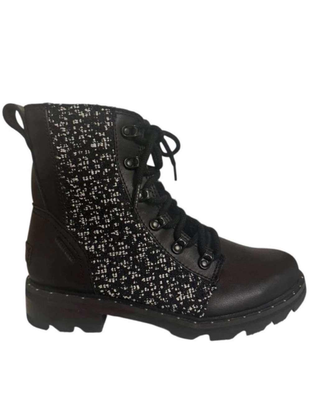 SOREL Lennox Black Leather Tweed Panel Lace-Up Combat Lug Sole Boots